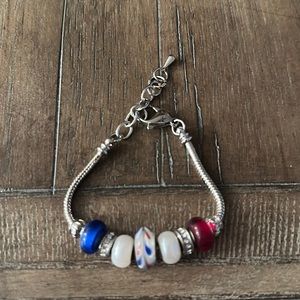 Red, White, and Blue Patriotic Beaded Silver Bracelet